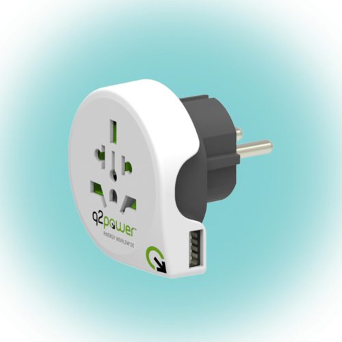 Q2POWER 1.100110 utazóadapter, World to Europe USB, bemeneti feszültség: 100-250 V, 16 A, teljesítmény: 100V-1600W/250V-4000W, USB port