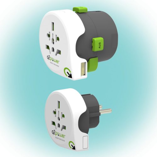 Q2POWER 2.100130 utazóadapter, Qdapter 360 USB, két készülék a szettben: Qdapter (USB aljzattal) és World to Europe