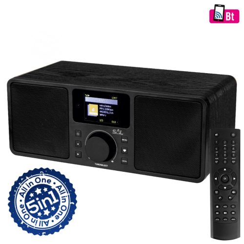 SAL INR 5000/BK internetrádió, 5 in 1, 2x5 W, Bass reflex, világrádió, FM RDS, BT, AUX, Média Center hálózati zenetár, EQ, INR_5000_BK