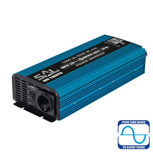 SAL SAI 1000TS tiszta szinuszos feszültségátalakító, 1000 W, inverter, 2,1 A USB gyorstöltő, gyermekzár, SAI_1000TS