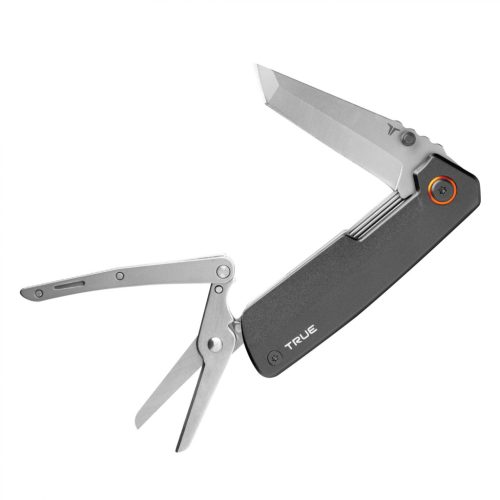 True Utility Dual Cutter, TRU-MTL-0002-G, 2 in 1, 7 cm tanto penge, rugós olló, rozsdamentes acél penge, eloxált alumínium tok, TRU-MTL-0002-G